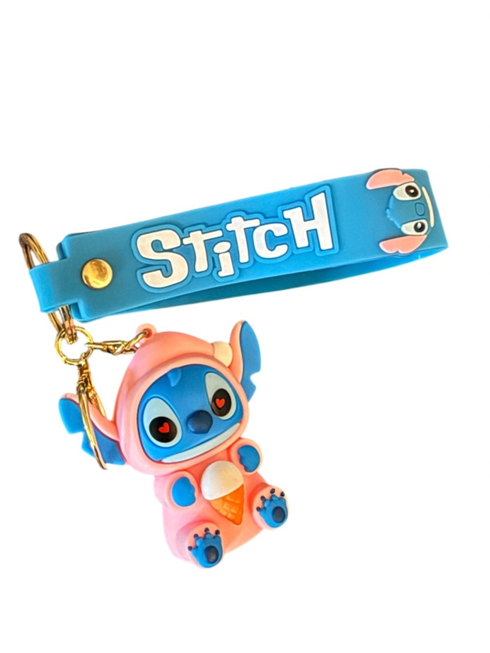 Blue Stitch Silicone Wristlet Keychain with Pink Character Charm